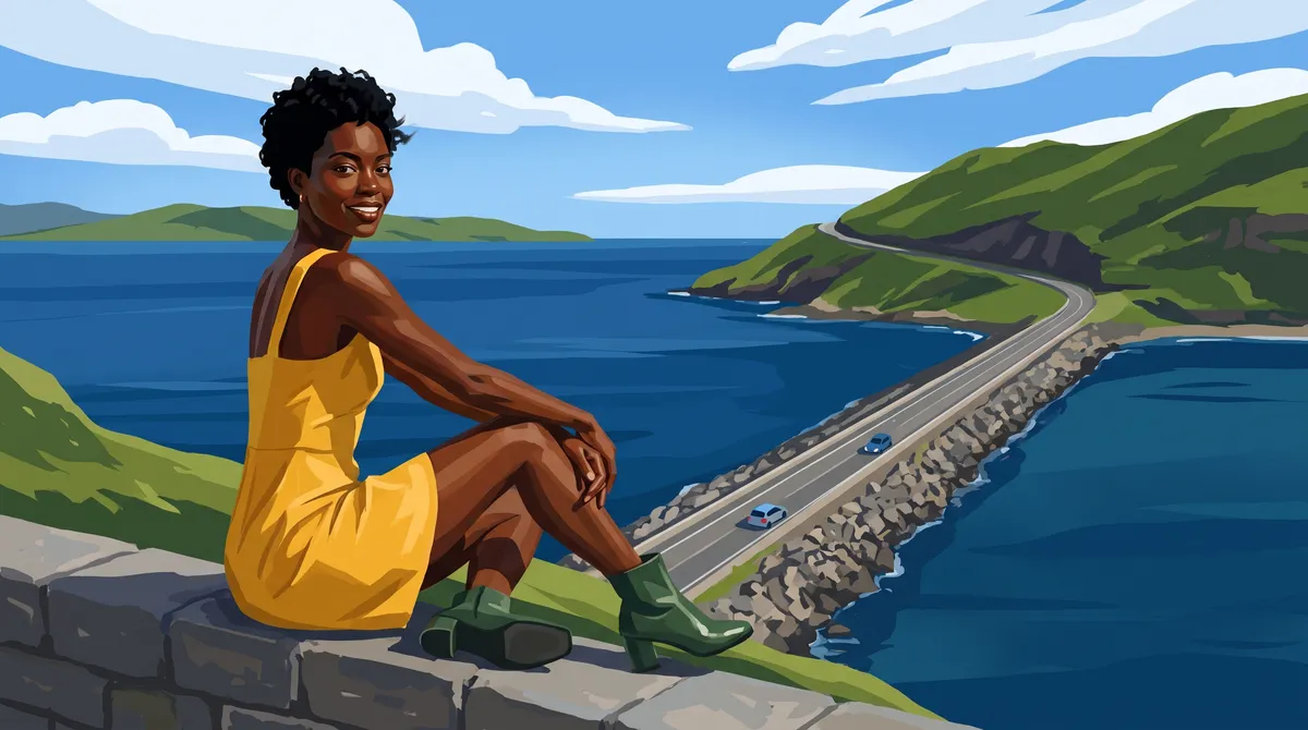 Painted picture of the same traveller sitting on a stone wall at a lookout, a long causeway road crossing a blue strait to a green island behind her.