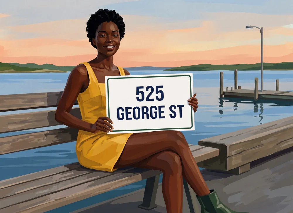 Painted picture of the same traveller on a bench by a calm harbour at sunset, holding a card that reads 525 George St.